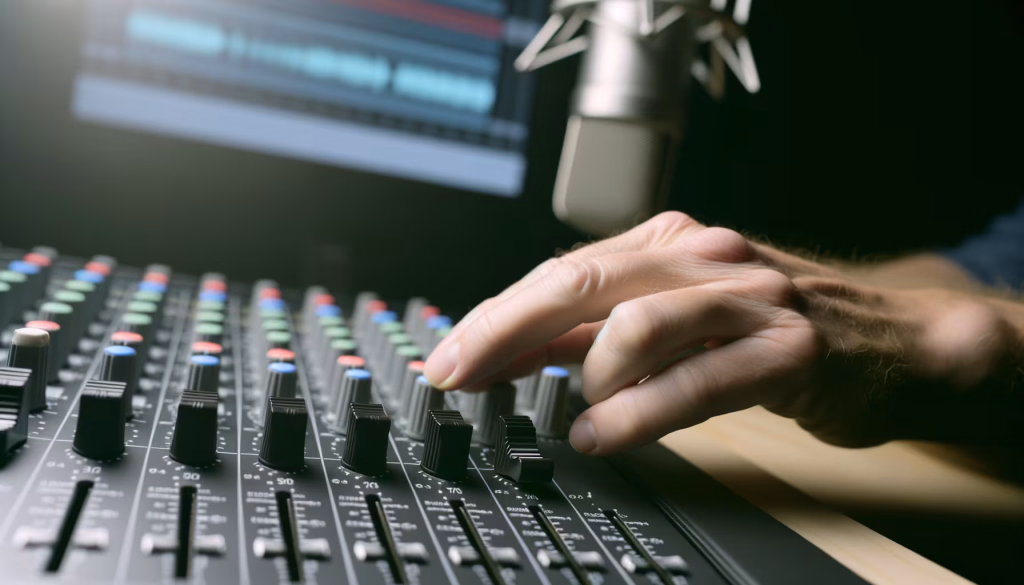 **Vorgeschlagener Text:** Diese Nahaufnahme zeigt eine Hand, die präzise einen Regler an einem Audiomischpult einstellt. Im unscharfen Hintergrund sind ein professionelles Mikrofon und ein Bildschirm mit Audiospuren zu erkennen, was die konzentrierte Atmosphäre eines Aufnahmestudios oder einer Podcast-Produktion vermittelt. Das Bild fängt den Moment kreativer Klangbearbeitung und technischer Feinabstimmung ein. **Alternativtext:** Hand, die einen Regler an einem Audiomischpult einstellt, mit einem Mikrofon und einem Bildschirm mit Audiospuren im Hintergrund.