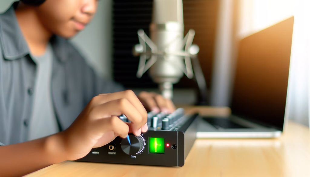 Eine Person mit Kopfhörern passt Einstellungen an einem Audiomischpult an, im Hintergrund ein Mikrofon und ein Laptop.