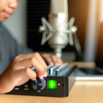 Eine Person mit Kopfhörern passt Einstellungen an einem Audiomischpult an, im Hintergrund ein Mikrofon und ein Laptop.