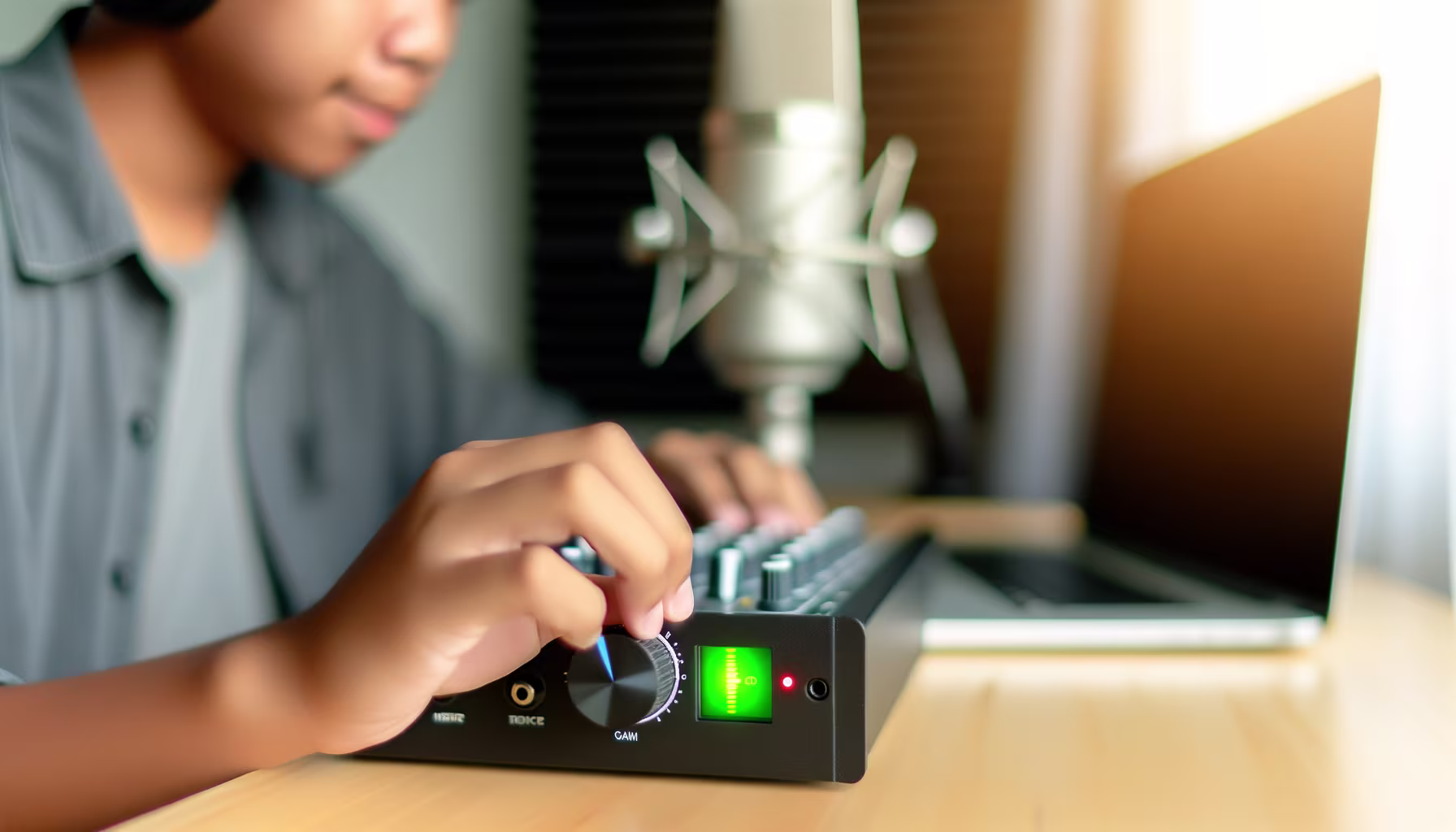 Eine Person mit Kopfhörern passt Einstellungen an einem Audiomischpult an, im Hintergrund ein Mikrofon und ein Laptop.