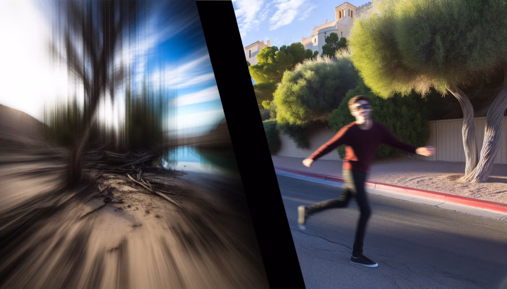 Ein geteiltes Bild, das links eine stark verwischte Naturlandschaft mit vertikalen Streifen und rechts eine sich bewegende Person auf einer Straße mit Bäumen und einem Gebäude zeigt, was Geschwindigkeit und Kontrast darstellt.