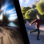 Ein geteiltes Bild, das links eine stark verwischte Naturlandschaft mit vertikalen Streifen und rechts eine sich bewegende Person auf einer Straße mit Bäumen und einem Gebäude zeigt, was Geschwindigkeit und Kontrast darstellt.