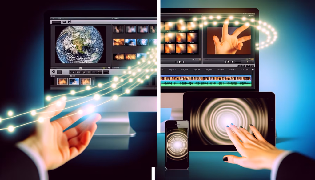 **Vorgeschlagener Blogtext:** Die digitale Welt, in der wir leben und arbeiten, ist durch nahtlose Konnektivität und intuitive Interaktion geprägt. Das vorliegende Bild visualisiert diese Realität eindrucksvoll: Eine Hand streckt sich einem Desktop-Monitor entgegen, auf dem eine Videoschnittsoftware eine Erdkugel und Medien-Thumbnails anzeigt, verbunden durch leuchtende Datenströme. Parallel dazu interagiert eine weitere Hand auf einem Tablet mit einer hypnotischen, wirbelnden Grafik, während ein Smartphone daneben ähnliche digitale Muster abbildet. Überall fließen Informationen – sei es bei der professionellen Medienproduktion, die globale Reichweite ermöglicht, oder bei der persönlichen Nutzung mobiler Endgeräte. Diese Darstellung symbolisiert die Verschmelzung von Mensch und Technologie, den kreativen Fluss digitaler Inhalte und die allgegenwärtige Vernetzung, die unsere moderne Kommunikation und Schaffensprozesse definieren. **Alternativtext:** Hände interagieren mit digitalen Schnittstellen auf Desktop-Monitor, Tablet und Smartphone, verbunden durch leuchtende Lichtlinien, die Datenfluss und Konnektivität symbolisieren.