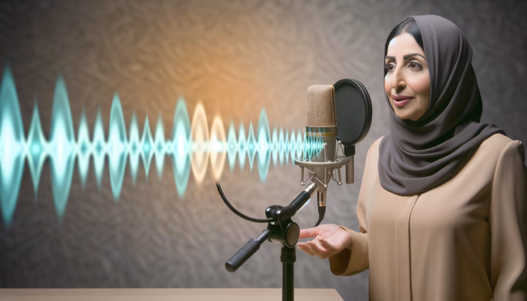 Eine Frau mit Hijab spricht in ein Mikrofon, aus dem eine leuchtende Schallwelle austritt.