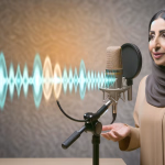Eine Frau mit Hijab spricht in ein Mikrofon, aus dem eine leuchtende Schallwelle austritt.