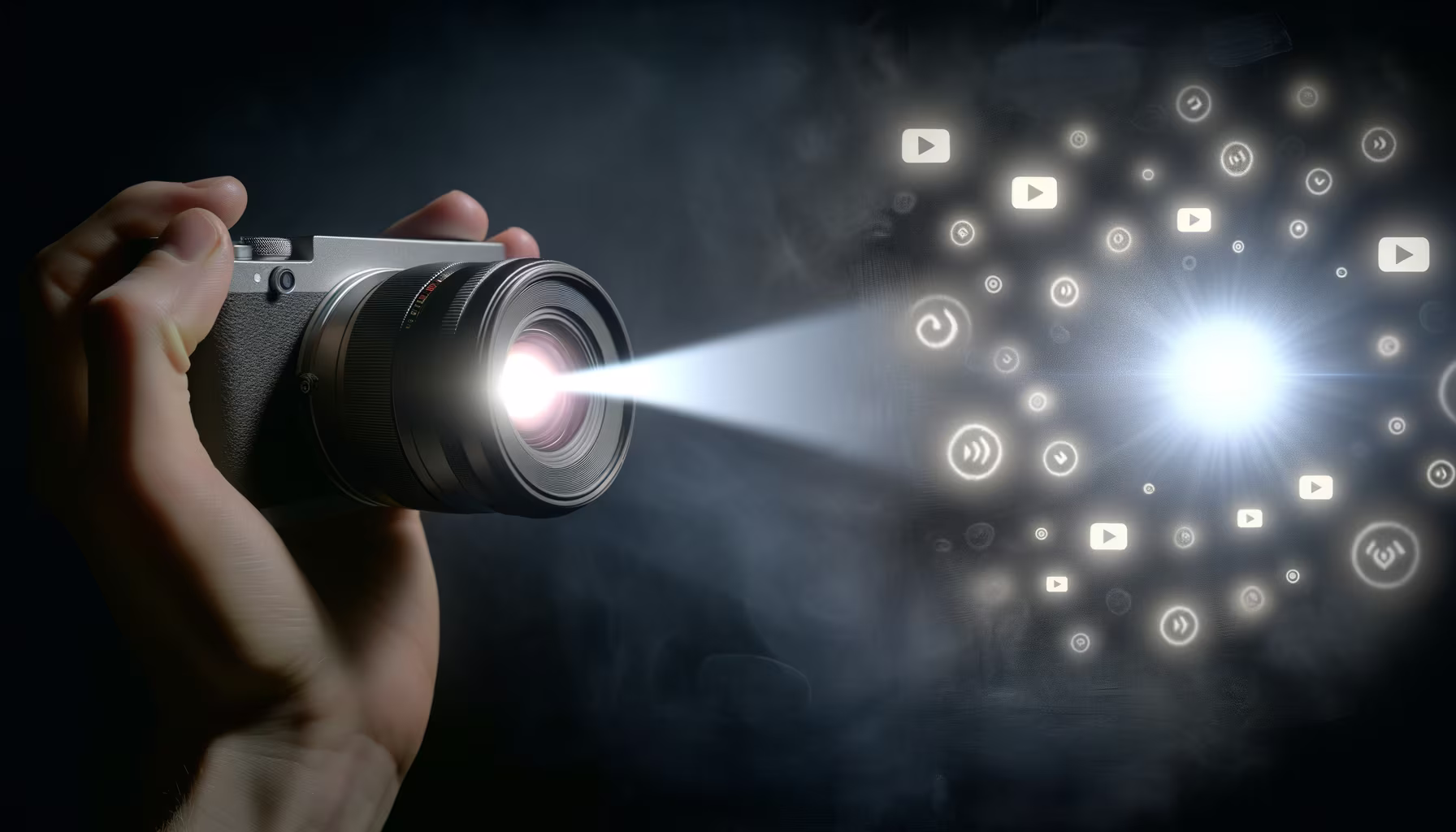 Eine Hand hält eine Kamera, aus deren Objektiv ein Lichtstrahl auf einen dunklen Hintergrund mit zahlreichen leuchtenden Symbolen für digitale Medien und Wiedergabe projiziert wird.