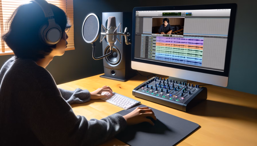 **Vorgeschlagener Text:** Ein engagierter Künstler taucht in die Welt der Musikproduktion ein, umgeben von modernster Audioausrüstung in seinem Heimstudio. Mit Kopfhörern auf den Ohren und konzentriertem Blick auf den Bildschirm bearbeitet die Person in einer Digital Audio Workstation (DAW) sorgfältig Audiospuren. Die Szene zeigt eine Kombination aus Kreativität und Technologie, verstärkt durch ein professionelles Mikrofon, Studiomonitore und ein Mischpult, die bereitstehen, um Ideen in Klang zu verwandeln. Ein Ausschnitt auf dem Bildschirm zeigt die Zusammenarbeit mit einem Musiker an einem Keyboard, was die dynamischen Möglichkeiten der digitalen Musikproduktion unterstreicht. **Alternativtext:** Eine Person mit Kopfhörern sitzt an einem Holztisch in einem Heimstudio und arbeitet an einem Computer, dessen Bildschirm eine Musikproduktionssoftware mit Audiospuren und einer Videoaufnahme anzeigt. Daneben befinden sich ein Studiomikrofon, ein Lautsprecher und ein Mischpult.