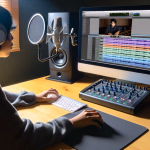 **Vorgeschlagener Text:** Ein engagierter Künstler taucht in die Welt der Musikproduktion ein, umgeben von modernster Audioausrüstung in seinem Heimstudio. Mit Kopfhörern auf den Ohren und konzentriertem Blick auf den Bildschirm bearbeitet die Person in einer Digital Audio Workstation (DAW) sorgfältig Audiospuren. Die Szene zeigt eine Kombination aus Kreativität und Technologie, verstärkt durch ein professionelles Mikrofon, Studiomonitore und ein Mischpult, die bereitstehen, um Ideen in Klang zu verwandeln. Ein Ausschnitt auf dem Bildschirm zeigt die Zusammenarbeit mit einem Musiker an einem Keyboard, was die dynamischen Möglichkeiten der digitalen Musikproduktion unterstreicht. **Alternativtext:** Eine Person mit Kopfhörern sitzt an einem Holztisch in einem Heimstudio und arbeitet an einem Computer, dessen Bildschirm eine Musikproduktionssoftware mit Audiospuren und einer Videoaufnahme anzeigt. Daneben befinden sich ein Studiomikrofon, ein Lautsprecher und ein Mischpult.