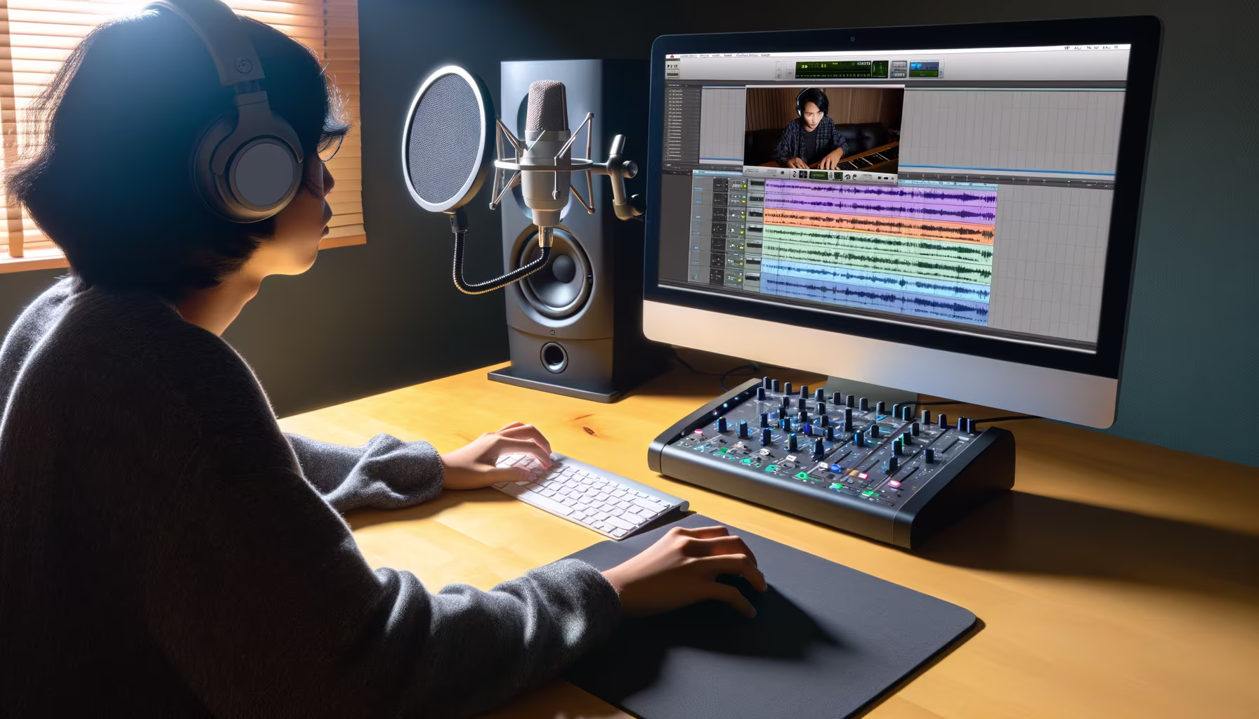 **Vorgeschlagener Text:** Ein engagierter Künstler taucht in die Welt der Musikproduktion ein, umgeben von modernster Audioausrüstung in seinem Heimstudio. Mit Kopfhörern auf den Ohren und konzentriertem Blick auf den Bildschirm bearbeitet die Person in einer Digital Audio Workstation (DAW) sorgfältig Audiospuren. Die Szene zeigt eine Kombination aus Kreativität und Technologie, verstärkt durch ein professionelles Mikrofon, Studiomonitore und ein Mischpult, die bereitstehen, um Ideen in Klang zu verwandeln. Ein Ausschnitt auf dem Bildschirm zeigt die Zusammenarbeit mit einem Musiker an einem Keyboard, was die dynamischen Möglichkeiten der digitalen Musikproduktion unterstreicht. **Alternativtext:** Eine Person mit Kopfhörern sitzt an einem Holztisch in einem Heimstudio und arbeitet an einem Computer, dessen Bildschirm eine Musikproduktionssoftware mit Audiospuren und einer Videoaufnahme anzeigt. Daneben befinden sich ein Studiomikrofon, ein Lautsprecher und ein Mischpult.