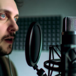 Ein Mann mit Kopfhörern spricht in ein professionelles Studiomikrofon, im Hintergrund sind Akustikpaneele zu sehen.