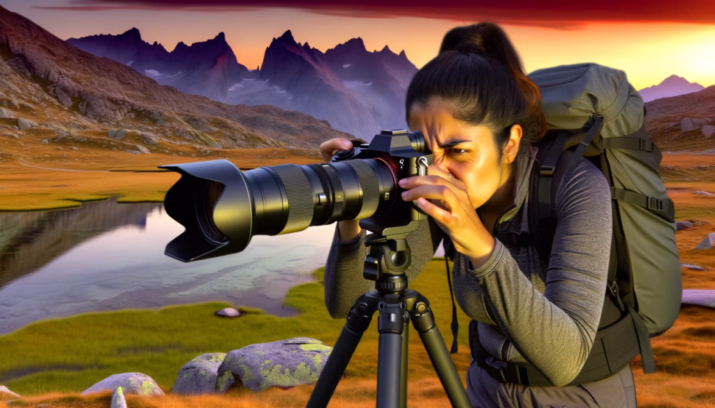 Konzentrierte Wanderin fotografiert mit Kamera und Stativ eine Berglandschaft mit See im warmen Licht von Sonnenaufgang oder Sonnenuntergang.
