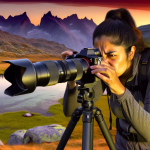 Konzentrierte Wanderin fotografiert mit Kamera und Stativ eine Berglandschaft mit See im warmen Licht von Sonnenaufgang oder Sonnenuntergang.