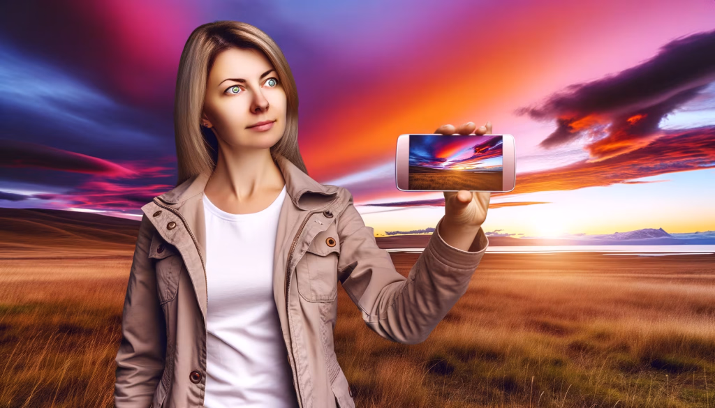 **Vorgeschlagener Text:** Der Zauber des Augenblicks: Wenn die Natur zur Leinwand wird Manchmal sind die schönsten Momente die, die uns sprachlos machen. Ein atemberaubender Sonnenuntergang, dessen Farben den Himmel in ein spektakuläres Gemälde verwandeln, ist ein solches Erlebnis. Die Frau auf diesem Bild fängt diesen magischen Augenblick nicht nur mit ihren Augen ein, sondern auch mit ihrem Smartphone, das die Intensität der Farben perfekt widerspiegelt. Es ist eine Hommage an die unberührte Schönheit unserer Welt – die Weite der goldenen Felder, das ruhige Wasser und die majestätischen Berge, die sich am Horizont abzeichnen. Der Himmel, ein Kaleidoskop aus tiefem Purpur, leuchtendem Orange und sanftem Blau, erinnert uns daran, wie vielfältig und beeindruckend die Natur sein kann. In einer Welt, die immer schneller wird, ist es wichtig, innezuhalten und diese Wunder zu genießen. Ob durch das Objektiv einer Kamera oder einfach mit eigenen Augen: Lassen Sie sich von der Pracht der Natur inspirieren und halten Sie die Momente fest, die Ihr Herz berühren. **Alternativtext:** Eine Frau hält ein Smartphone mit einem lebhaften Sonnenuntergangsbild vor einem ähnlichen, farbenfrohen Sonnenuntergang in einer weiten Naturlandschaft.