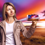 **Vorgeschlagener Text:** Der Zauber des Augenblicks: Wenn die Natur zur Leinwand wird Manchmal sind die schönsten Momente die, die uns sprachlos machen. Ein atemberaubender Sonnenuntergang, dessen Farben den Himmel in ein spektakuläres Gemälde verwandeln, ist ein solches Erlebnis. Die Frau auf diesem Bild fängt diesen magischen Augenblick nicht nur mit ihren Augen ein, sondern auch mit ihrem Smartphone, das die Intensität der Farben perfekt widerspiegelt. Es ist eine Hommage an die unberührte Schönheit unserer Welt – die Weite der goldenen Felder, das ruhige Wasser und die majestätischen Berge, die sich am Horizont abzeichnen. Der Himmel, ein Kaleidoskop aus tiefem Purpur, leuchtendem Orange und sanftem Blau, erinnert uns daran, wie vielfältig und beeindruckend die Natur sein kann. In einer Welt, die immer schneller wird, ist es wichtig, innezuhalten und diese Wunder zu genießen. Ob durch das Objektiv einer Kamera oder einfach mit eigenen Augen: Lassen Sie sich von der Pracht der Natur inspirieren und halten Sie die Momente fest, die Ihr Herz berühren. **Alternativtext:** Eine Frau hält ein Smartphone mit einem lebhaften Sonnenuntergangsbild vor einem ähnlichen, farbenfrohen Sonnenuntergang in einer weiten Naturlandschaft.