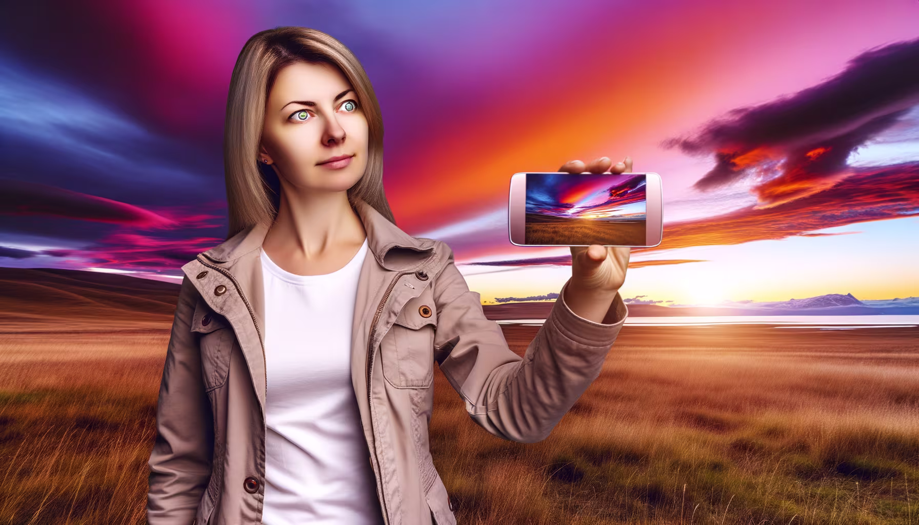 **Vorgeschlagener Text:** Der Zauber des Augenblicks: Wenn die Natur zur Leinwand wird Manchmal sind die schönsten Momente die, die uns sprachlos machen. Ein atemberaubender Sonnenuntergang, dessen Farben den Himmel in ein spektakuläres Gemälde verwandeln, ist ein solches Erlebnis. Die Frau auf diesem Bild fängt diesen magischen Augenblick nicht nur mit ihren Augen ein, sondern auch mit ihrem Smartphone, das die Intensität der Farben perfekt widerspiegelt. Es ist eine Hommage an die unberührte Schönheit unserer Welt – die Weite der goldenen Felder, das ruhige Wasser und die majestätischen Berge, die sich am Horizont abzeichnen. Der Himmel, ein Kaleidoskop aus tiefem Purpur, leuchtendem Orange und sanftem Blau, erinnert uns daran, wie vielfältig und beeindruckend die Natur sein kann. In einer Welt, die immer schneller wird, ist es wichtig, innezuhalten und diese Wunder zu genießen. Ob durch das Objektiv einer Kamera oder einfach mit eigenen Augen: Lassen Sie sich von der Pracht der Natur inspirieren und halten Sie die Momente fest, die Ihr Herz berühren. **Alternativtext:** Eine Frau hält ein Smartphone mit einem lebhaften Sonnenuntergangsbild vor einem ähnlichen, farbenfrohen Sonnenuntergang in einer weiten Naturlandschaft.