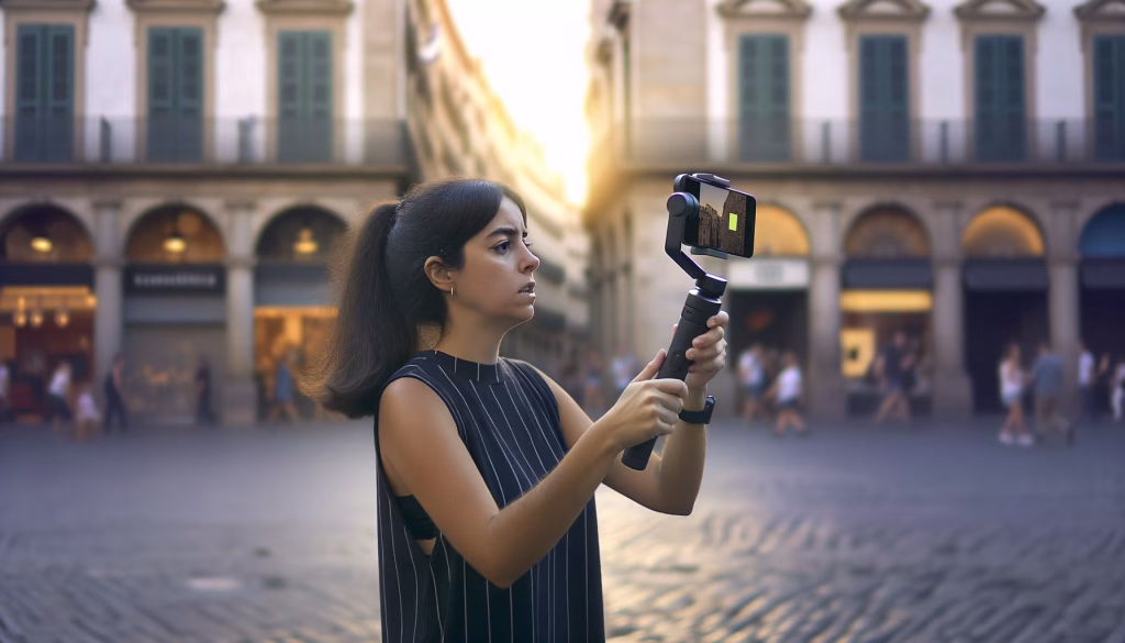 **Textvorschlag:** Eine junge Frau steht konzentriert auf einem historischen Stadtplatz und filmt mit ihrem Smartphone, das auf einem Gimbal montiert ist. Im warmen Licht der Abendsonne, die durch die Gasse fällt, hält sie die Kamera aufmerksam in Richtung der malerischen Gebäude mit ihren Bögen und grünen Fensterläden. Der Hintergrund ist leicht unscharf, was die Fokussierung der Frau auf ihre Aufnahme und die moderne Art des mobilen Filmemachens in urbaner Umgebung unterstreicht. **Alternativtext:** Eine junge Frau filmt mit einem Smartphone auf einem Gimbal auf einem historischen Stadtplatz bei Sonnenuntergang.