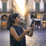 **Textvorschlag:** Eine junge Frau steht konzentriert auf einem historischen Stadtplatz und filmt mit ihrem Smartphone, das auf einem Gimbal montiert ist. Im warmen Licht der Abendsonne, die durch die Gasse fällt, hält sie die Kamera aufmerksam in Richtung der malerischen Gebäude mit ihren Bögen und grünen Fensterläden. Der Hintergrund ist leicht unscharf, was die Fokussierung der Frau auf ihre Aufnahme und die moderne Art des mobilen Filmemachens in urbaner Umgebung unterstreicht. **Alternativtext:** Eine junge Frau filmt mit einem Smartphone auf einem Gimbal auf einem historischen Stadtplatz bei Sonnenuntergang.