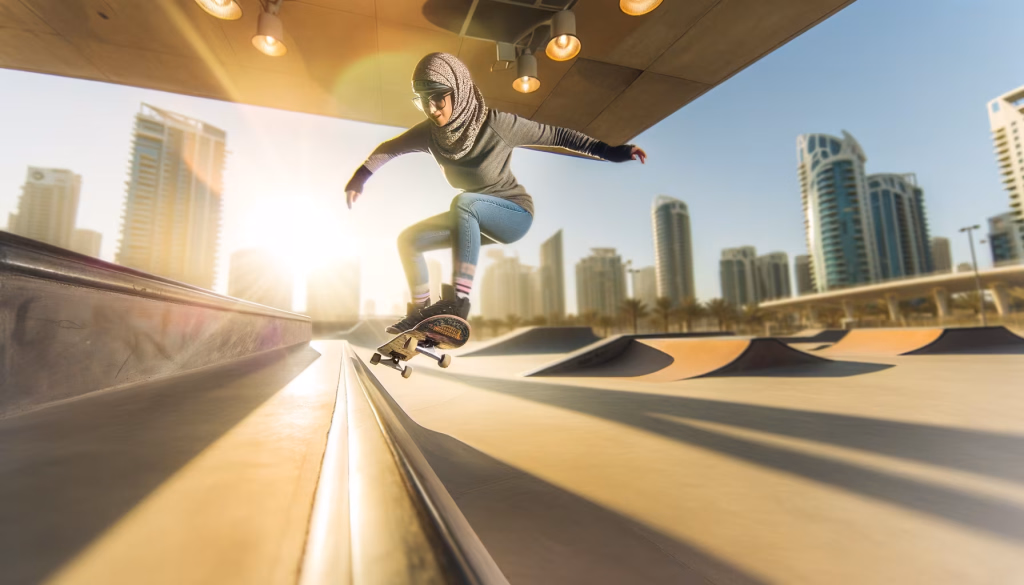 Eine Person mit Kopftuch springt auf einem Skateboard über eine Rampe in einem hell erleuchteten Skatepark, umgeben von modernen Stadtgebäuden.