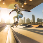 Eine Person mit Kopftuch springt auf einem Skateboard über eine Rampe in einem hell erleuchteten Skatepark, umgeben von modernen Stadtgebäuden.