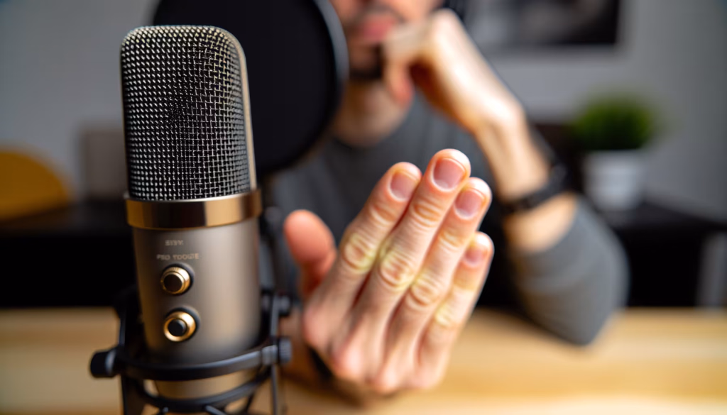 Die Welt des Podcasting und der digitalen Kommunikation bietet unzählige Möglichkeiten, unsere Gedanken und Geschichten zu teilen. Ob für einen neuen Podcast, eine Online-Konferenz oder einfach nur, um eine Idee zu präsentieren – die richtige Ausrüstung und die Fähigkeit, klar zu kommunizieren, sind entscheidend. Dieses Bild fängt den Moment ein, in dem Worte Gestalt annehmen. Ein hochwertiges Mikrofon steht bereit, um jede Nuance der Stimme einzufangen, während die gestische Handbewegung des Sprechers die Leidenschaft und Überzeugung unterstreicht, mit der die Botschaft vermittelt wird. Im Hintergrund ist die Person, die mit voller Konzentration und Engagement bei der Sache ist, ein Zeichen dafür, dass hier mehr als nur Informationen ausgetauscht werden – hier wird eine Verbindung hergestellt. Es geht darum, gehört zu werden, verstanden zu werden und einen echten Dialog zu führen. Mit der richtigen Vorbereitung und der passenden Technik können wir sicherstellen, dass unsere Botschaft nicht nur ankommt, sondern auch Widerhall findet. *** * **Alternativtext:** Eine Person gestikuliert vor einem Studio-Mikrofon, während sie spricht oder einen Podcast aufnimmt.