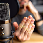 Die Welt des Podcasting und der digitalen Kommunikation bietet unzählige Möglichkeiten, unsere Gedanken und Geschichten zu teilen. Ob für einen neuen Podcast, eine Online-Konferenz oder einfach nur, um eine Idee zu präsentieren – die richtige Ausrüstung und die Fähigkeit, klar zu kommunizieren, sind entscheidend. Dieses Bild fängt den Moment ein, in dem Worte Gestalt annehmen. Ein hochwertiges Mikrofon steht bereit, um jede Nuance der Stimme einzufangen, während die gestische Handbewegung des Sprechers die Leidenschaft und Überzeugung unterstreicht, mit der die Botschaft vermittelt wird. Im Hintergrund ist die Person, die mit voller Konzentration und Engagement bei der Sache ist, ein Zeichen dafür, dass hier mehr als nur Informationen ausgetauscht werden – hier wird eine Verbindung hergestellt. Es geht darum, gehört zu werden, verstanden zu werden und einen echten Dialog zu führen. Mit der richtigen Vorbereitung und der passenden Technik können wir sicherstellen, dass unsere Botschaft nicht nur ankommt, sondern auch Widerhall findet. *** * **Alternativtext:** Eine Person gestikuliert vor einem Studio-Mikrofon, während sie spricht oder einen Podcast aufnimmt.