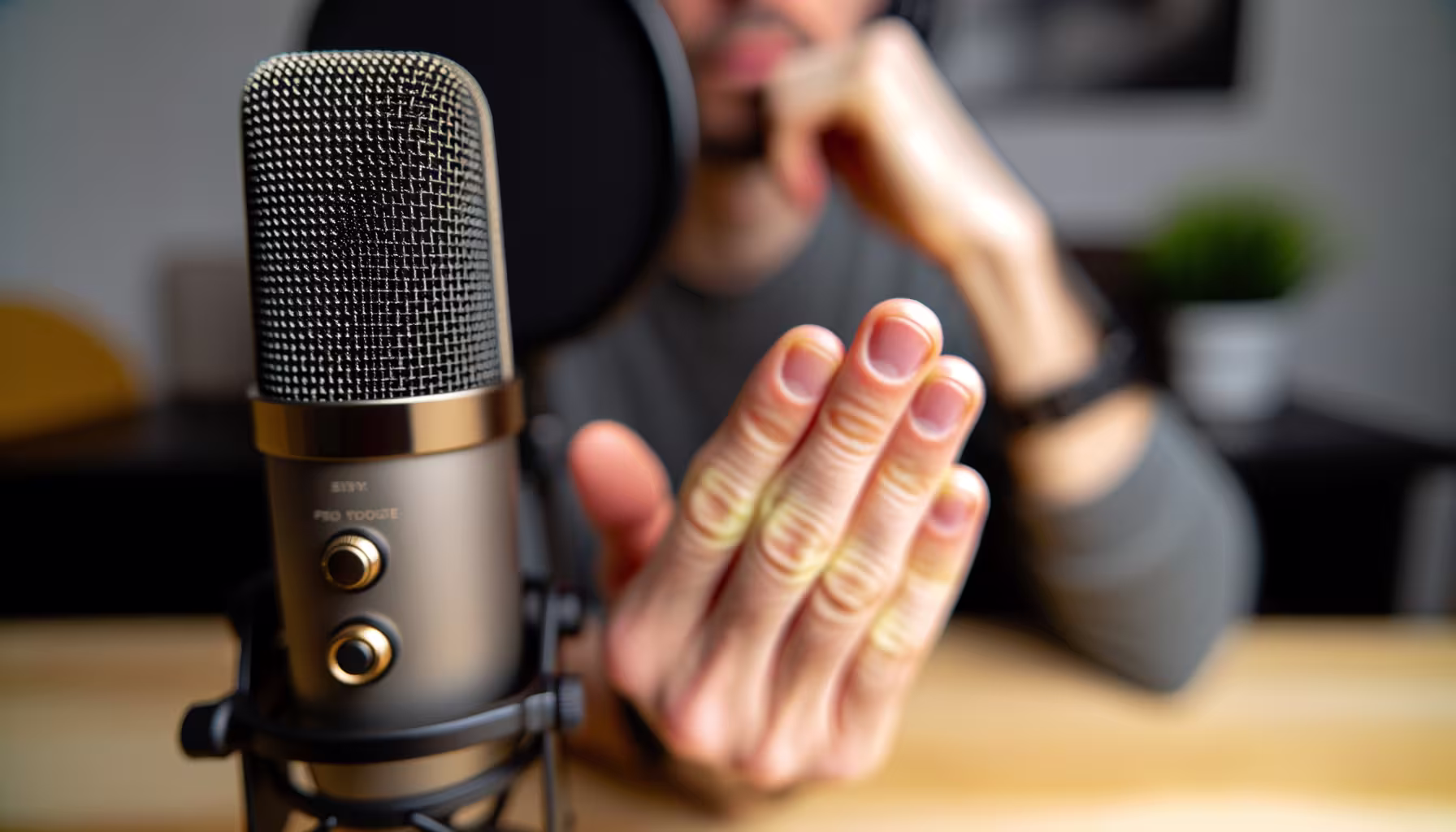 Die Welt des Podcasting und der digitalen Kommunikation bietet unzählige Möglichkeiten, unsere Gedanken und Geschichten zu teilen. Ob für einen neuen Podcast, eine Online-Konferenz oder einfach nur, um eine Idee zu präsentieren – die richtige Ausrüstung und die Fähigkeit, klar zu kommunizieren, sind entscheidend. Dieses Bild fängt den Moment ein, in dem Worte Gestalt annehmen. Ein hochwertiges Mikrofon steht bereit, um jede Nuance der Stimme einzufangen, während die gestische Handbewegung des Sprechers die Leidenschaft und Überzeugung unterstreicht, mit der die Botschaft vermittelt wird. Im Hintergrund ist die Person, die mit voller Konzentration und Engagement bei der Sache ist, ein Zeichen dafür, dass hier mehr als nur Informationen ausgetauscht werden – hier wird eine Verbindung hergestellt. Es geht darum, gehört zu werden, verstanden zu werden und einen echten Dialog zu führen. Mit der richtigen Vorbereitung und der passenden Technik können wir sicherstellen, dass unsere Botschaft nicht nur ankommt, sondern auch Widerhall findet. *** * **Alternativtext:** Eine Person gestikuliert vor einem Studio-Mikrofon, während sie spricht oder einen Podcast aufnimmt.