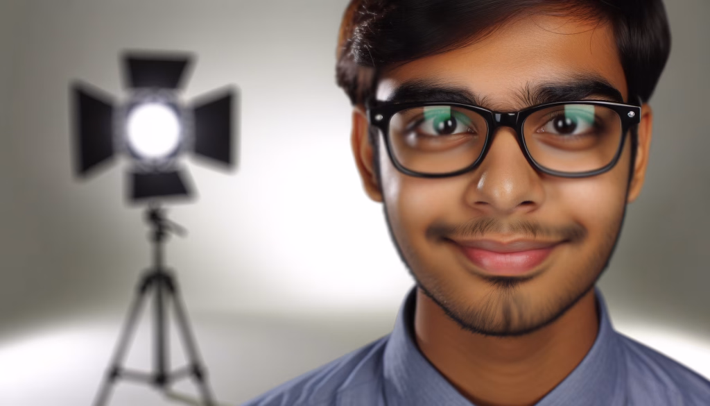Nahaufnahme eines lächelnden jungen Mannes mit Brille vor einem unscharfen Studio-Licht.