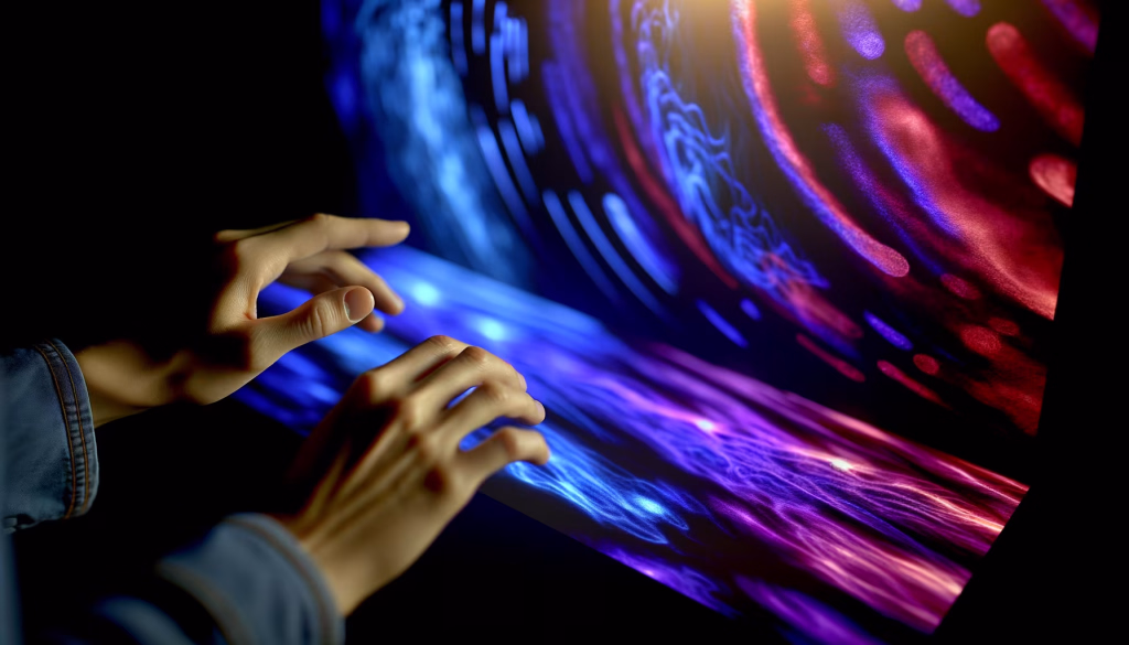 Das Bild zeigt Hände, die eine leuchtende, futuristische Oberfläche berühren und mit ihr interagieren. Auf dem Display entfalten sich dynamische, farbenprächtige Lichtmuster in leuchtendem Blau, Violett und Rot, die den Eindruck einer immersiven und intuitiven Technologieerfahrung vermitteln. Die Szene, vor einem dunklen Hintergrund, strahlt Innovation und eine tiefe Verbindung zwischen Mensch und digitaler Welt aus. **Alternativtext:** Zwei Hände interagieren mit einem leuchtenden, dynamischen Display, das abstrakte Muster in blauen, violetten und roten Farbtönen zeigt.
