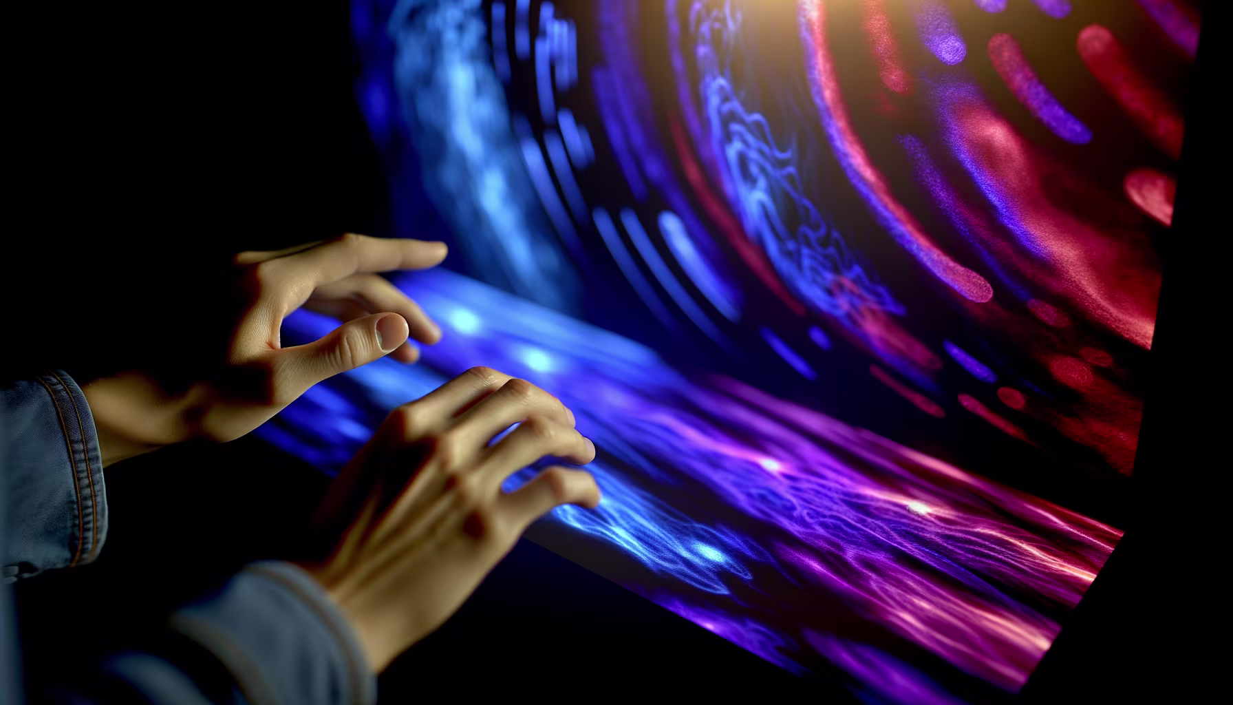 Das Bild zeigt Hände, die eine leuchtende, futuristische Oberfläche berühren und mit ihr interagieren. Auf dem Display entfalten sich dynamische, farbenprächtige Lichtmuster in leuchtendem Blau, Violett und Rot, die den Eindruck einer immersiven und intuitiven Technologieerfahrung vermitteln. Die Szene, vor einem dunklen Hintergrund, strahlt Innovation und eine tiefe Verbindung zwischen Mensch und digitaler Welt aus. **Alternativtext:** Zwei Hände interagieren mit einem leuchtenden, dynamischen Display, das abstrakte Muster in blauen, violetten und roten Farbtönen zeigt.