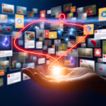 Eine offene Hand, die ein leuchtendes, rotes Herz aus Licht emporhält. Das Herz ist von einem digitalen Netzwerk aus blauen Linien und Punkten umgeben, vor einem Hintergrund aus vielen kleinen, verschwommenen Bildern und Beiträgen, die digitale Inhalte und soziale Medien repräsentieren.