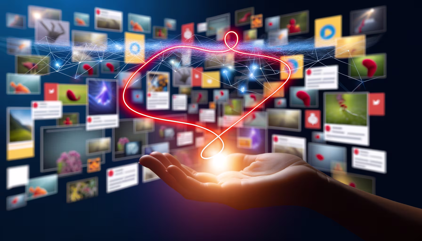Eine offene Hand, die ein leuchtendes, rotes Herz aus Licht emporhält. Das Herz ist von einem digitalen Netzwerk aus blauen Linien und Punkten umgeben, vor einem Hintergrund aus vielen kleinen, verschwommenen Bildern und Beiträgen, die digitale Inhalte und soziale Medien repräsentieren.