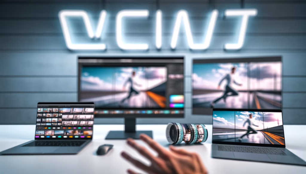 Das Bild zeigt eine moderne Arbeitsstation für Videobearbeitung. Im Hintergrund ist eine unscharfe Leuchtschrift an einer horizontal strukturierten Wand zu erkennen. Darunter befinden sich zwei große, schwarze Monitore. Auf beiden Monitoren ist eine Videosequenz zu sehen, die eine Person zeigt, die auf einer breiten, asphaltierten Straße mit leuchtend orangen Streifen und einer weiten Himmelslandschaft läuft. Der linke Monitor zeigt zusätzlich eine Benutzeroberfläche für Videobearbeitung mit Zeitleisten und Farbkorrektur-Elementen. Auf dem hellen Schreibtisch im Vordergrund stehen zwei aufgeschlagene Laptops.