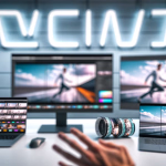 Das Bild zeigt eine moderne Arbeitsstation für Videobearbeitung. Im Hintergrund ist eine unscharfe Leuchtschrift an einer horizontal strukturierten Wand zu erkennen. Darunter befinden sich zwei große, schwarze Monitore. Auf beiden Monitoren ist eine Videosequenz zu sehen, die eine Person zeigt, die auf einer breiten, asphaltierten Straße mit leuchtend orangen Streifen und einer weiten Himmelslandschaft läuft. Der linke Monitor zeigt zusätzlich eine Benutzeroberfläche für Videobearbeitung mit Zeitleisten und Farbkorrektur-Elementen. Auf dem hellen Schreibtisch im Vordergrund stehen zwei aufgeschlagene Laptops.