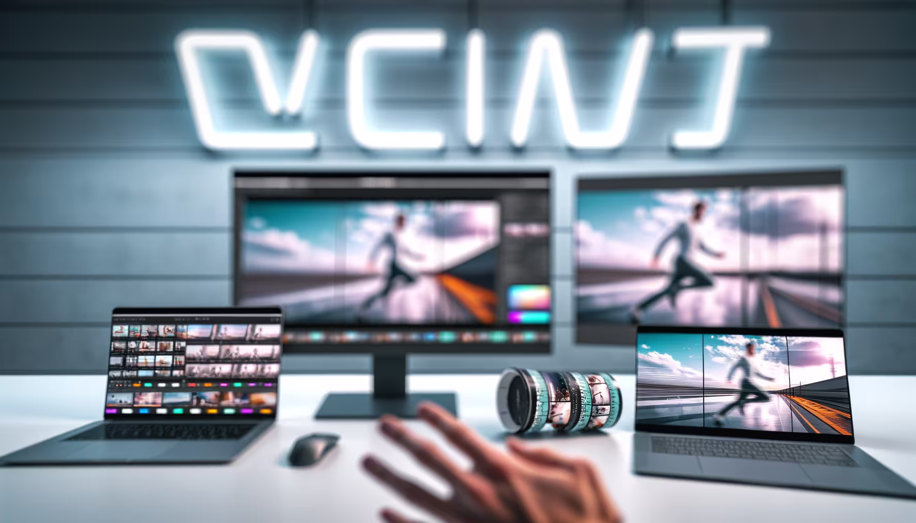 Das Bild zeigt eine moderne Arbeitsstation für Videobearbeitung. Im Hintergrund ist eine unscharfe Leuchtschrift an einer horizontal strukturierten Wand zu erkennen. Darunter befinden sich zwei große, schwarze Monitore. Auf beiden Monitoren ist eine Videosequenz zu sehen, die eine Person zeigt, die auf einer breiten, asphaltierten Straße mit leuchtend orangen Streifen und einer weiten Himmelslandschaft läuft. Der linke Monitor zeigt zusätzlich eine Benutzeroberfläche für Videobearbeitung mit Zeitleisten und Farbkorrektur-Elementen. Auf dem hellen Schreibtisch im Vordergrund stehen zwei aufgeschlagene Laptops.