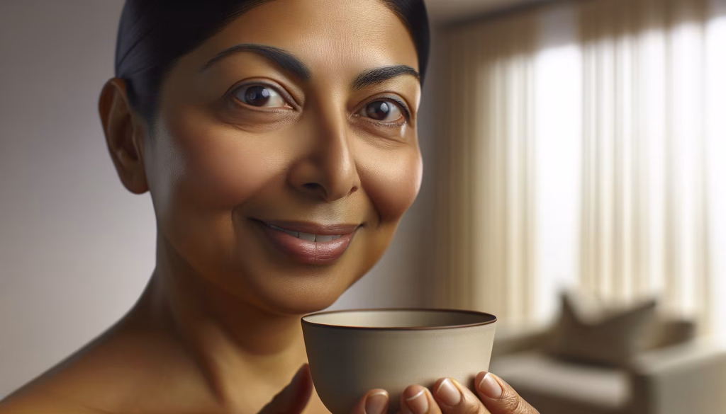 Eine lächelnde Frau hält eine Tasse in ihren Händen, mit einem sanft verschwommenen Innenraum im Hintergrund.