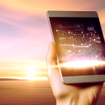 Eine Hand hält ein Smartphone, dessen Bildschirm leuchtende Datenvisualisierungen vor einem farbenprächtigen Sonnenuntergang zeigt.