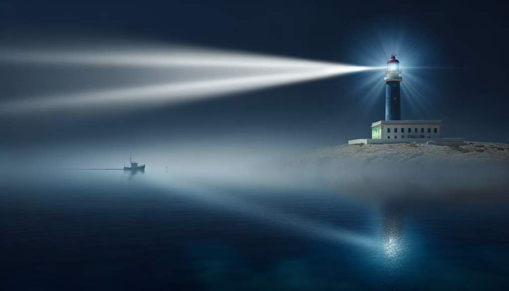 Ein leuchtender Leuchtturm in einer nebligen Nacht, dessen Strahlen einem kleinen Boot auf dem dunklen Meer den Weg weisen.