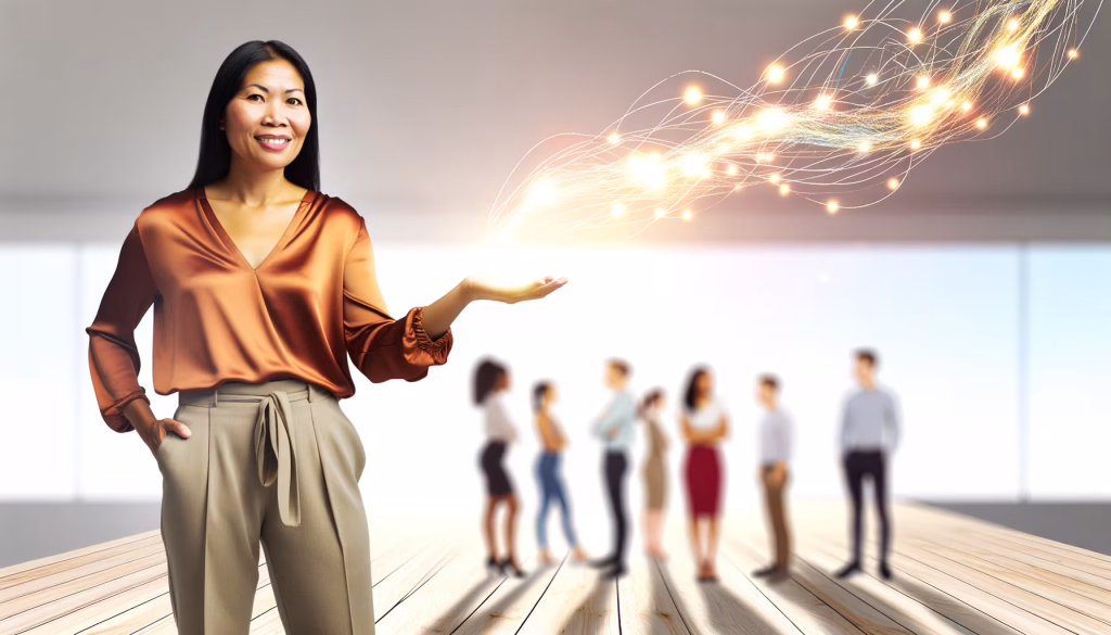 Eine lächelnde Geschäftsfrau präsentiert von ihrer offenen Hand ausgehende leuchtende Ideen oder Datenströme, mit einer unscharfen Gruppe von Kollegen im Hintergrund.