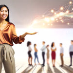 Eine lächelnde Geschäftsfrau präsentiert von ihrer offenen Hand ausgehende leuchtende Ideen oder Datenströme, mit einer unscharfen Gruppe von Kollegen im Hintergrund.