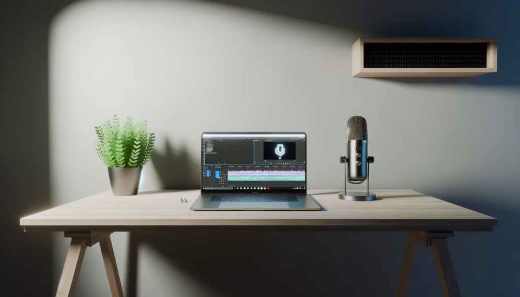Ein heller Arbeitsplatz mit einem Laptop, auf dem Videobearbeitungssoftware läuft, einem Mikrofon und einer Zimmerpflanze.