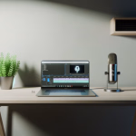 Ein heller Arbeitsplatz mit einem Laptop, auf dem Videobearbeitungssoftware läuft, einem Mikrofon und einer Zimmerpflanze.