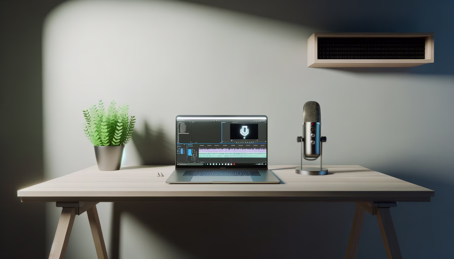 Ein heller Arbeitsplatz mit einem Laptop, auf dem Videobearbeitungssoftware läuft, einem Mikrofon und einer Zimmerpflanze.