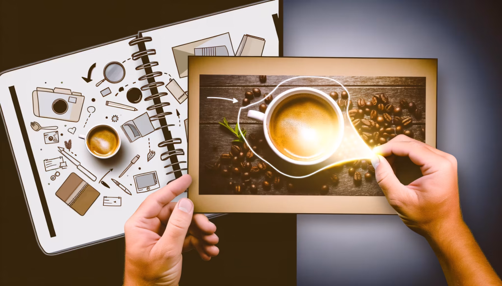**Textvorschlag:** Das Bild fängt auf eindrucksvolle Weise die Essenz von Kreativität und Inspiration ein, indem es die Welten von Skizze und Fotografie miteinander verbindet. Auf der linken Seite ist ein geöffnetes Notizbuch mit einer Spiralbindung zu sehen, dessen Seiten gefüllt sind mit einer Vielzahl von handgezeichneten Skizzen und Icons. Diese Darstellungen umfassen Elemente wie eine Kamera, eine Lupe, ein Stift, ein Buch, Pfeile, ein Portemonnaie und andere Symbole, die auf Ideenfindung, Planung und kreative Prozesse hindeuten. Inmitten dieser gezeichneten Welt steht eine kleine, reale Tasse mit frisch gebrühtem Espresso. Rechts davon halten zwei Hände ein gerahmtes Foto hoch. Das Foto zeigt eine Nahaufnahme einer appetitlichen Tasse Espresso, umgeben von zahlreichen gerösteten Kaffeebohnen, die auf einer dunklen Holzoberfläche liegen. Von der Kaffeetasse auf dem Foto geht ein warmer, leuchtender Strahl aus, der sich visuell mit den Skizzen im Notizbuch zu verbinden scheint. Eine zarte weiße Linie und ein Pfeil verstärken diese Brücke zwischen dem realen Bild des Kaffees und den abstrakten Ideen im Notizbuch, was den Fluss von Inspiration, die Umsetzung von Gedanken oder die Visualisierung von Konzepten symbolisiert. Der Gesamteindruck des Bildes ist eine Darstellung des kreativen Prozesses, der oft durch kleine Anregungen wie eine Tasse Kaffee beflügelt wird. --- **Alternativtext:** Hände halten ein Foto einer leuchtenden Kaffeetasse, die von Kaffeebohnen umgeben ist, während im Hintergrund ein offenes Skizzenbuch mit zahlreichen kreativen Zeichnungen und einer kleineren Kaffeetasse zu sehen ist. Das Bild symbolisiert kreative Inspiration und den Ideenfluss.