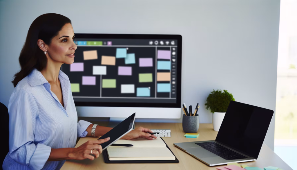 Eine konzentrierte Frau sitzt an einem Schreibtisch, hält ein Tablet und einen Stift über einem Notizbuch, während auf dem Monitor hinter ihr eine digitale Plantafel mit bunten Aufgaben zu sehen ist.