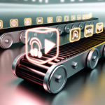 Zwei Förderbänder transportieren leuchtende digitale Symbole, darunter Kopfhörer- und Play-Icons, die den Fluss und die Verarbeitung digitaler Inhalte und Online-Dienste darstellen.