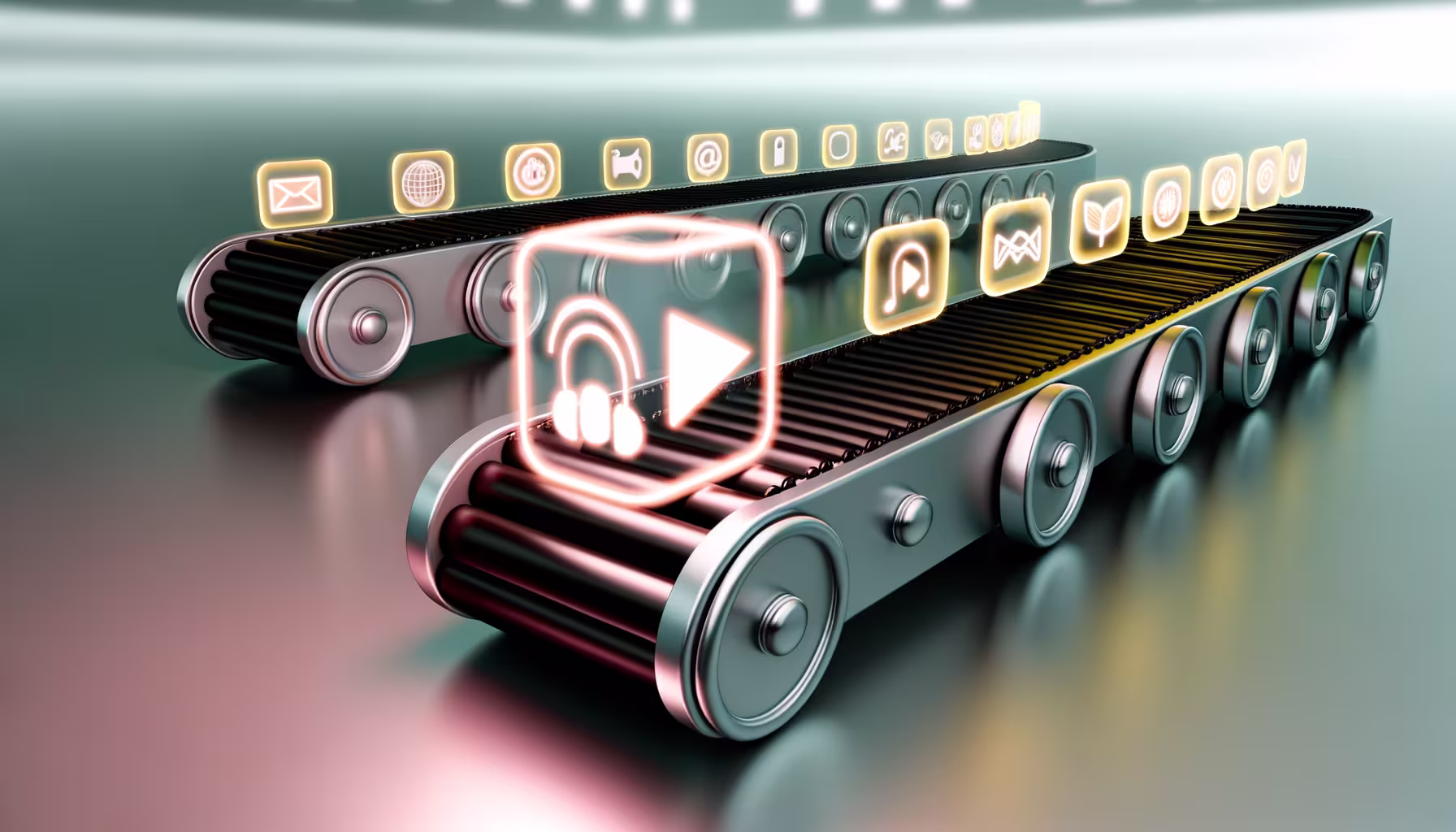 Zwei Förderbänder transportieren leuchtende digitale Symbole, darunter Kopfhörer- und Play-Icons, die den Fluss und die Verarbeitung digitaler Inhalte und Online-Dienste darstellen.
