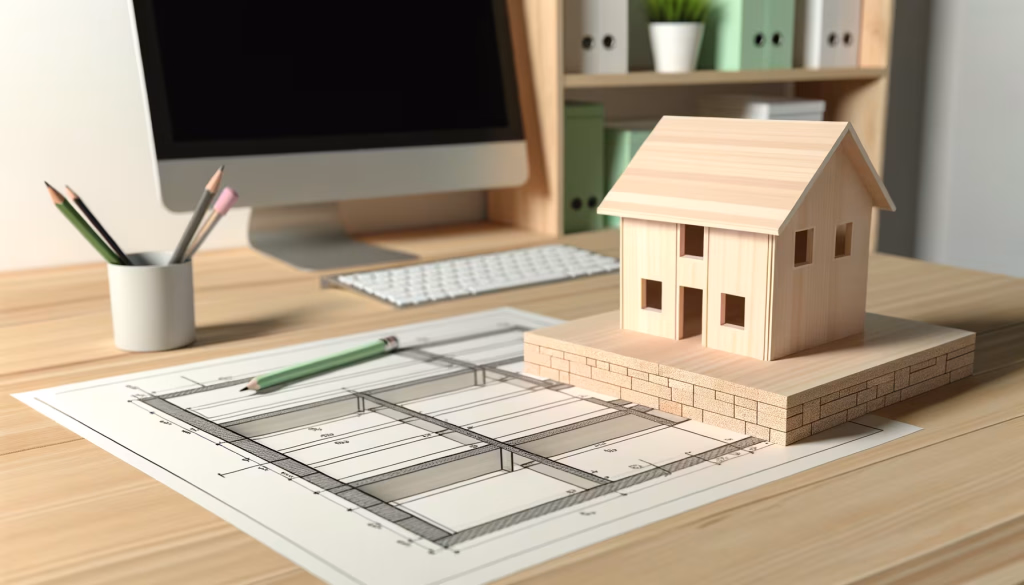 Büroarbeitsplatz mit Architekturplänen und einem Holzhausmodell, das die Konzeption und Planung von Immobilienprojekten veranschaulicht.