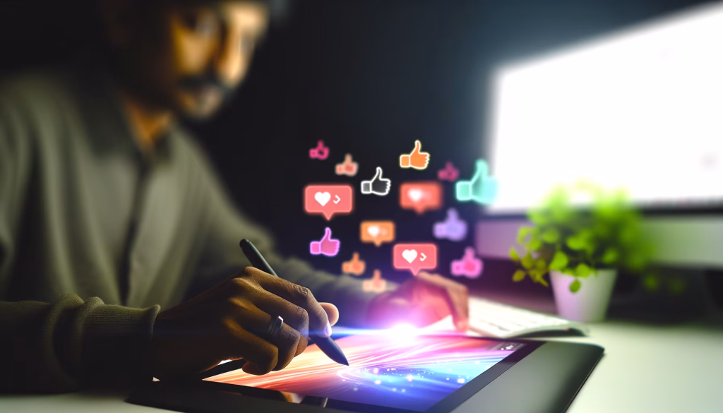 In der heutigen digitalen Welt verschmelzen Kreativität und Konnektivität zu einem nahtlosen Erlebnis. Dieses Bild fängt den Moment ein, in dem ein Künstler mit einem Stylus auf einem Tablet lebendige digitale Kunstwerke erschafft, während gleichzeitig eine Flut von leuchtenden Social-Media-Reaktionen wie Likes und Herzen um ihn herum aufsteigt. Es symbolisiert die unmittelbare Verbindung zwischen Schöpfer und Publikum, die Anerkennung, die ein Werk online erhält, und die inspirierende Energie, die aus dieser Interaktion entsteht. Jeder Strich auf dem Bildschirm kann eine Welle der Begeisterung auslösen und zeigt, wie digitale Plattformen die Reichweite und den Einfluss künstlerischer Arbeit transformieren. **Alternativtext:** Eine Person erstellt digitale Kunst auf einem Tablet, umgeben von schwebenden Social-Media-Reaktionssymbolen.