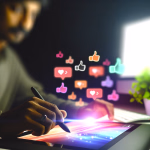 In der heutigen digitalen Welt verschmelzen Kreativität und Konnektivität zu einem nahtlosen Erlebnis. Dieses Bild fängt den Moment ein, in dem ein Künstler mit einem Stylus auf einem Tablet lebendige digitale Kunstwerke erschafft, während gleichzeitig eine Flut von leuchtenden Social-Media-Reaktionen wie Likes und Herzen um ihn herum aufsteigt. Es symbolisiert die unmittelbare Verbindung zwischen Schöpfer und Publikum, die Anerkennung, die ein Werk online erhält, und die inspirierende Energie, die aus dieser Interaktion entsteht. Jeder Strich auf dem Bildschirm kann eine Welle der Begeisterung auslösen und zeigt, wie digitale Plattformen die Reichweite und den Einfluss künstlerischer Arbeit transformieren. **Alternativtext:** Eine Person erstellt digitale Kunst auf einem Tablet, umgeben von schwebenden Social-Media-Reaktionssymbolen.