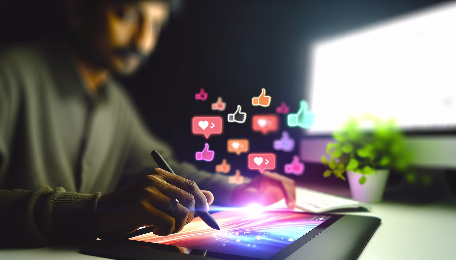 In der heutigen digitalen Welt verschmelzen Kreativität und Konnektivität zu einem nahtlosen Erlebnis. Dieses Bild fängt den Moment ein, in dem ein Künstler mit einem Stylus auf einem Tablet lebendige digitale Kunstwerke erschafft, während gleichzeitig eine Flut von leuchtenden Social-Media-Reaktionen wie Likes und Herzen um ihn herum aufsteigt. Es symbolisiert die unmittelbare Verbindung zwischen Schöpfer und Publikum, die Anerkennung, die ein Werk online erhält, und die inspirierende Energie, die aus dieser Interaktion entsteht. Jeder Strich auf dem Bildschirm kann eine Welle der Begeisterung auslösen und zeigt, wie digitale Plattformen die Reichweite und den Einfluss künstlerischer Arbeit transformieren. **Alternativtext:** Eine Person erstellt digitale Kunst auf einem Tablet, umgeben von schwebenden Social-Media-Reaktionssymbolen.